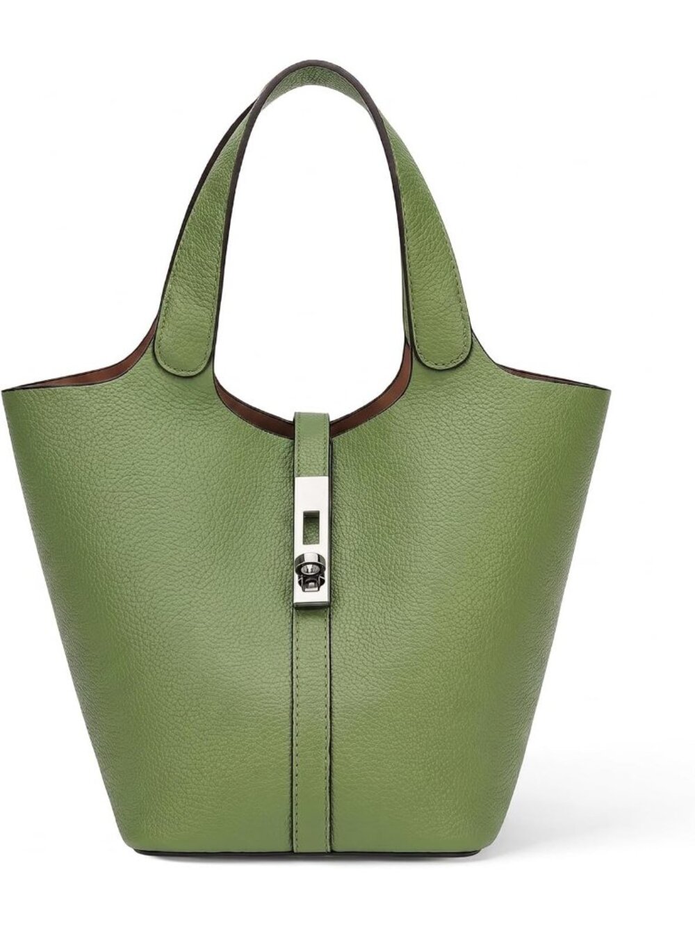 Women's Green Vegan Leather Satchel Tote Handle Lock Design Bucket Purse